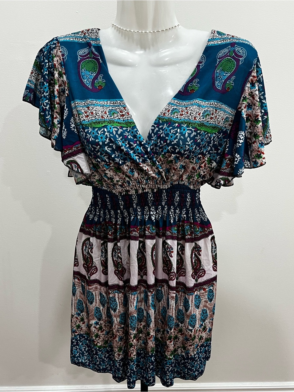 Boho Paisley Teal Midi Dress with Smocked Waist